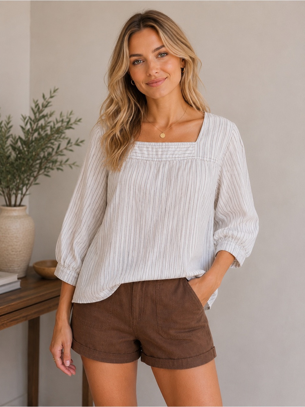Time and Tru Cream Square-Neck Peasant Blouse